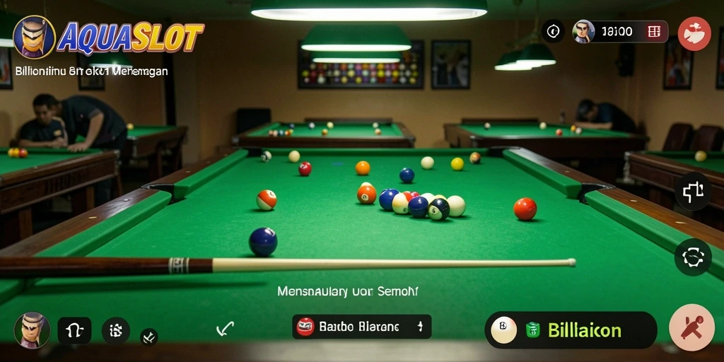 Screenshot AQUASLOT menampilkan antarmuka permainan billiard yang menarik.