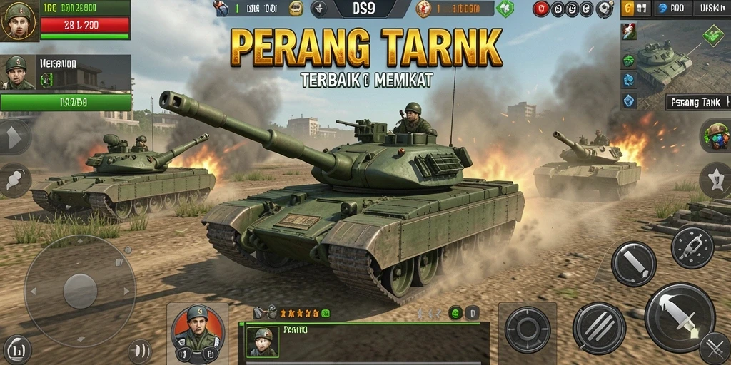 Screenshot utama DS99 menunjukkan pertempuran tank yang seru dan grafis yang menawan.