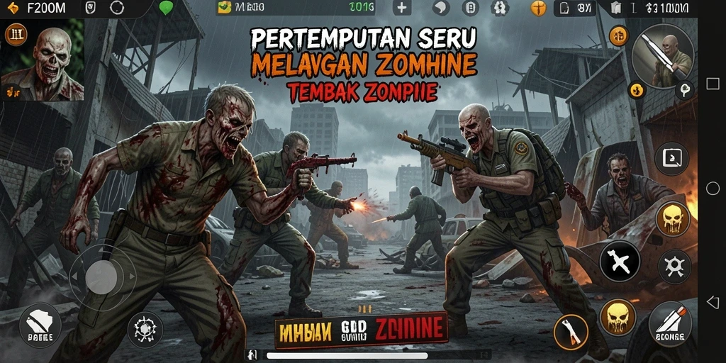 Screenshot F200M menampilkan aksi seru menembak zombie di berbagai lokasi.