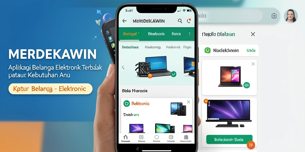 Tampilan antarmuka aplikasi MERDEKAWIN untuk belanja elektronik.