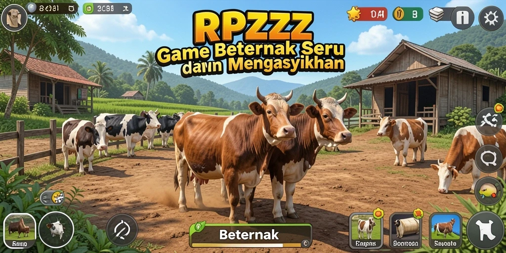 Tampilan antarmuka game Beternak RPZZZ yang menarik dan penuh warna.
